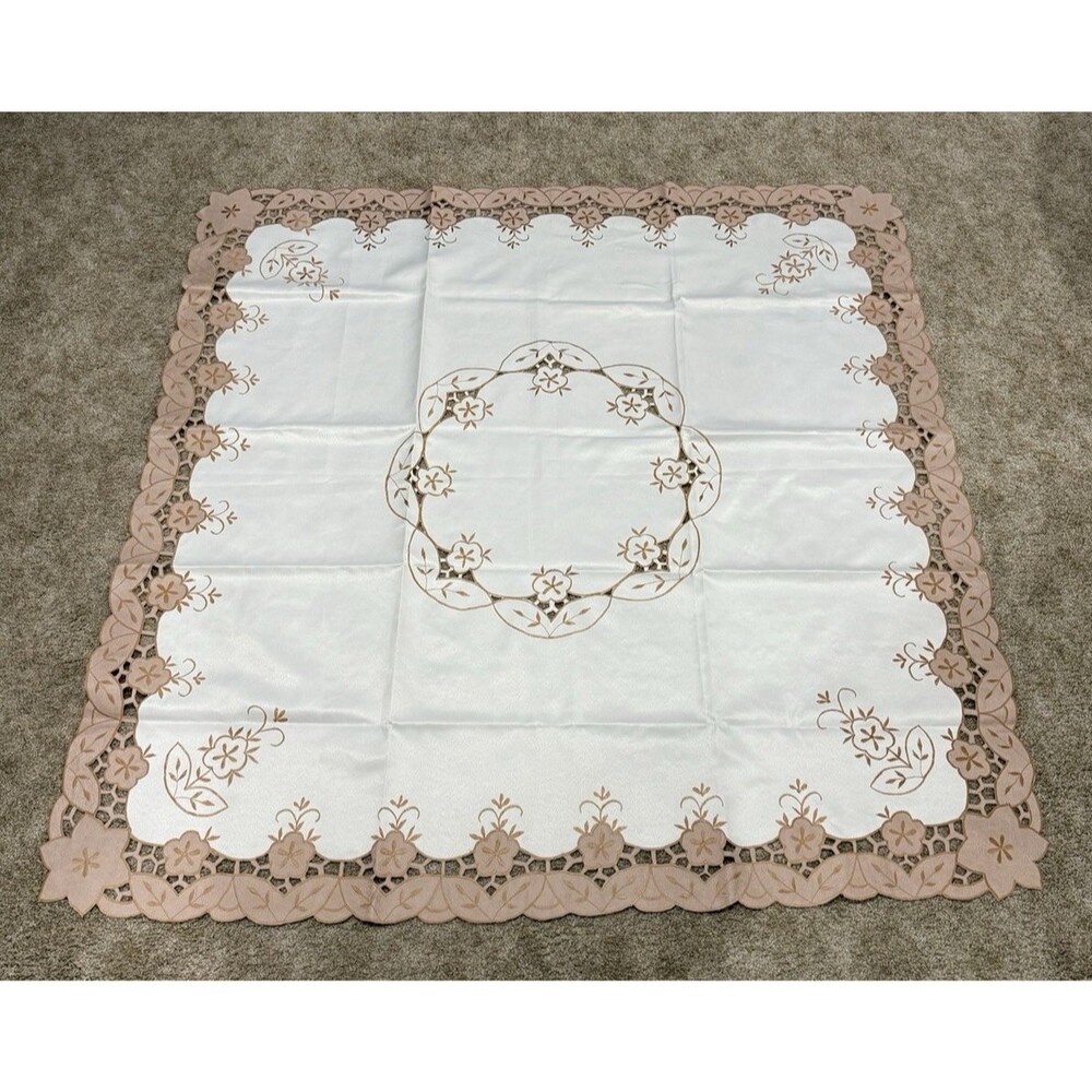 Lace Floral Gold Embroidered Square Tablecloth & 6 Matching Napkins Ivory 52"